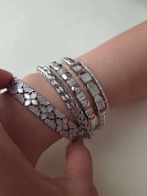 Crystal Edge Bangle shown in a stacked bracelet styling reference